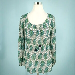 Tory Burch Size 8 Evelina Cotton Voile Stripe Floral Print Scoop Tie Cotton Top